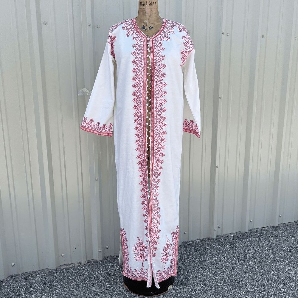 1960s Embroidered Moroccan Caftan Robe Dress Boho Maxi Embroidered
